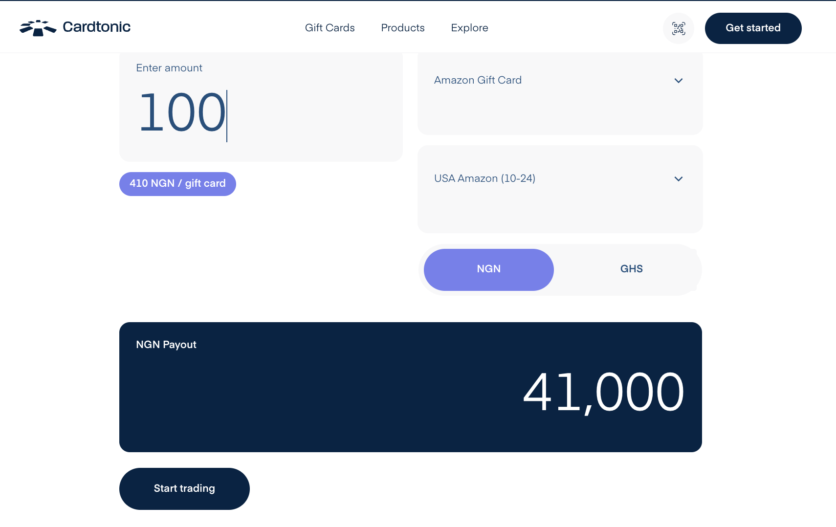 Cardtonic's rate calculator interface