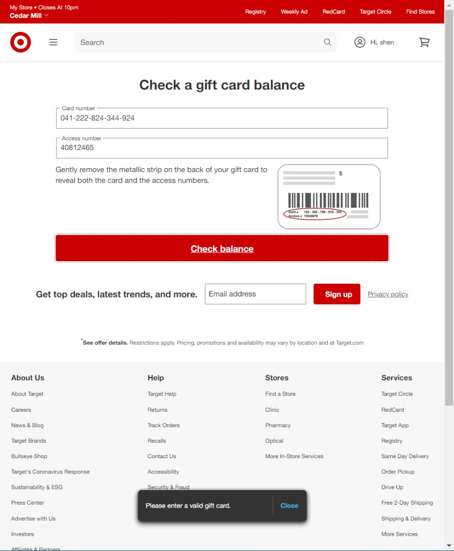 Target gift card balance page screenshot