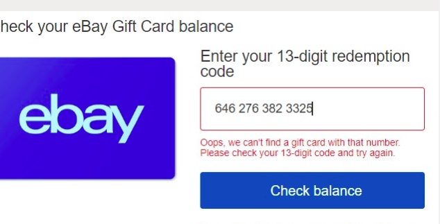 An image of an Error message on eBay gift card