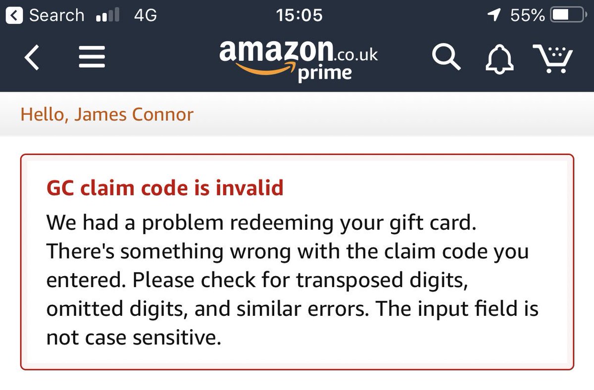 An image of an Amazon gift card error message.