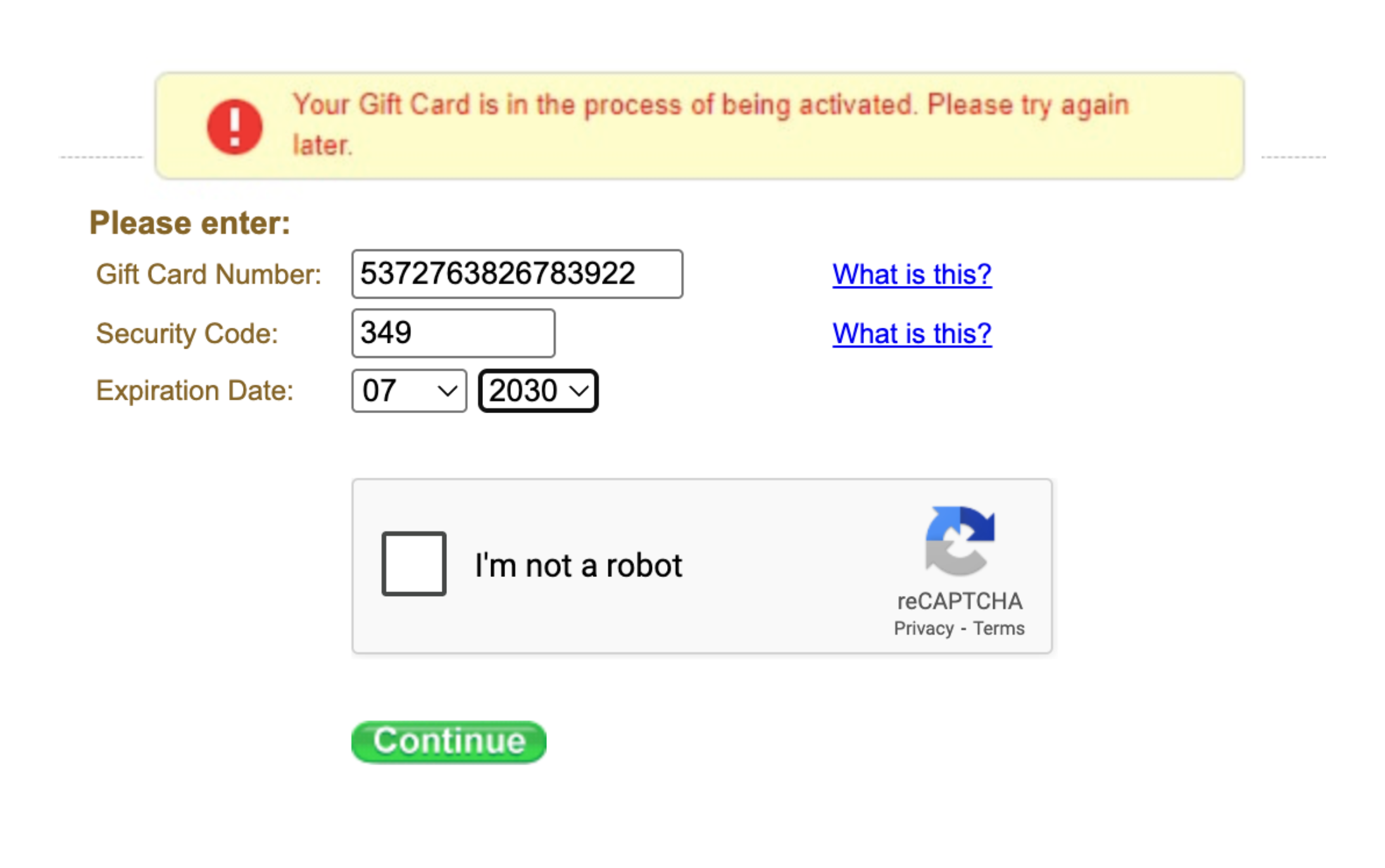 Walmart Visa gift card activation error