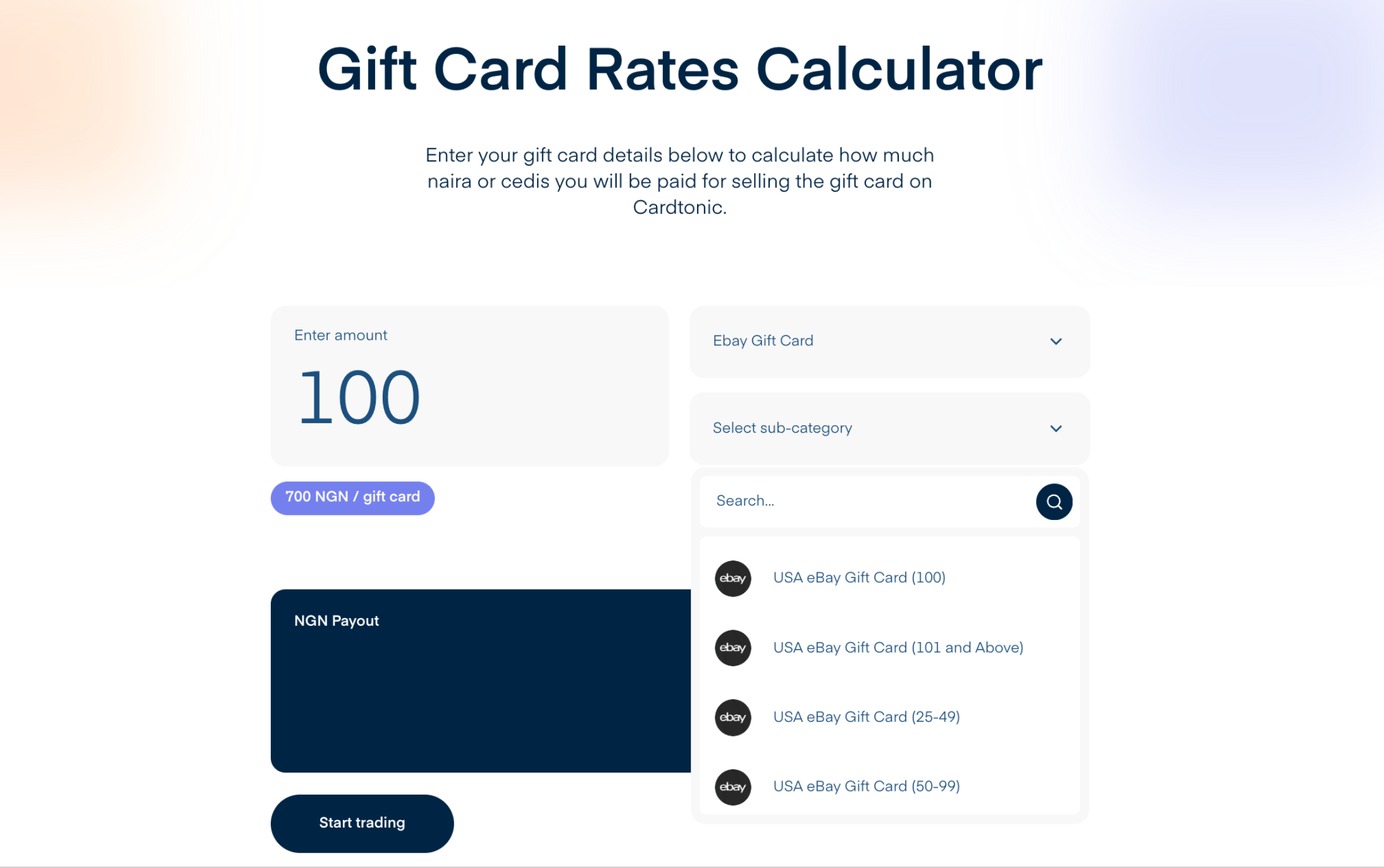 Cardtonic's Gift Card Rates Calculator page