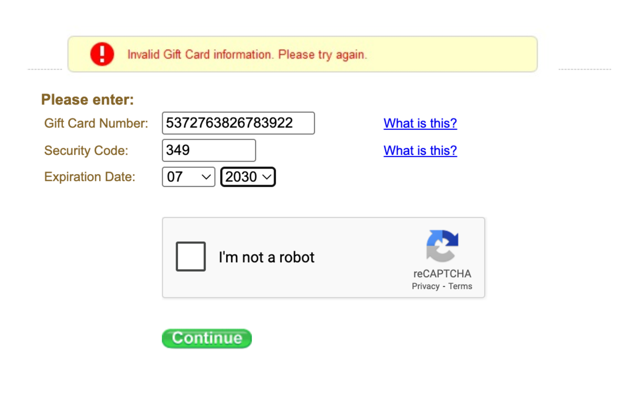 Walmart Visa gift card "Invalid PIN" error message