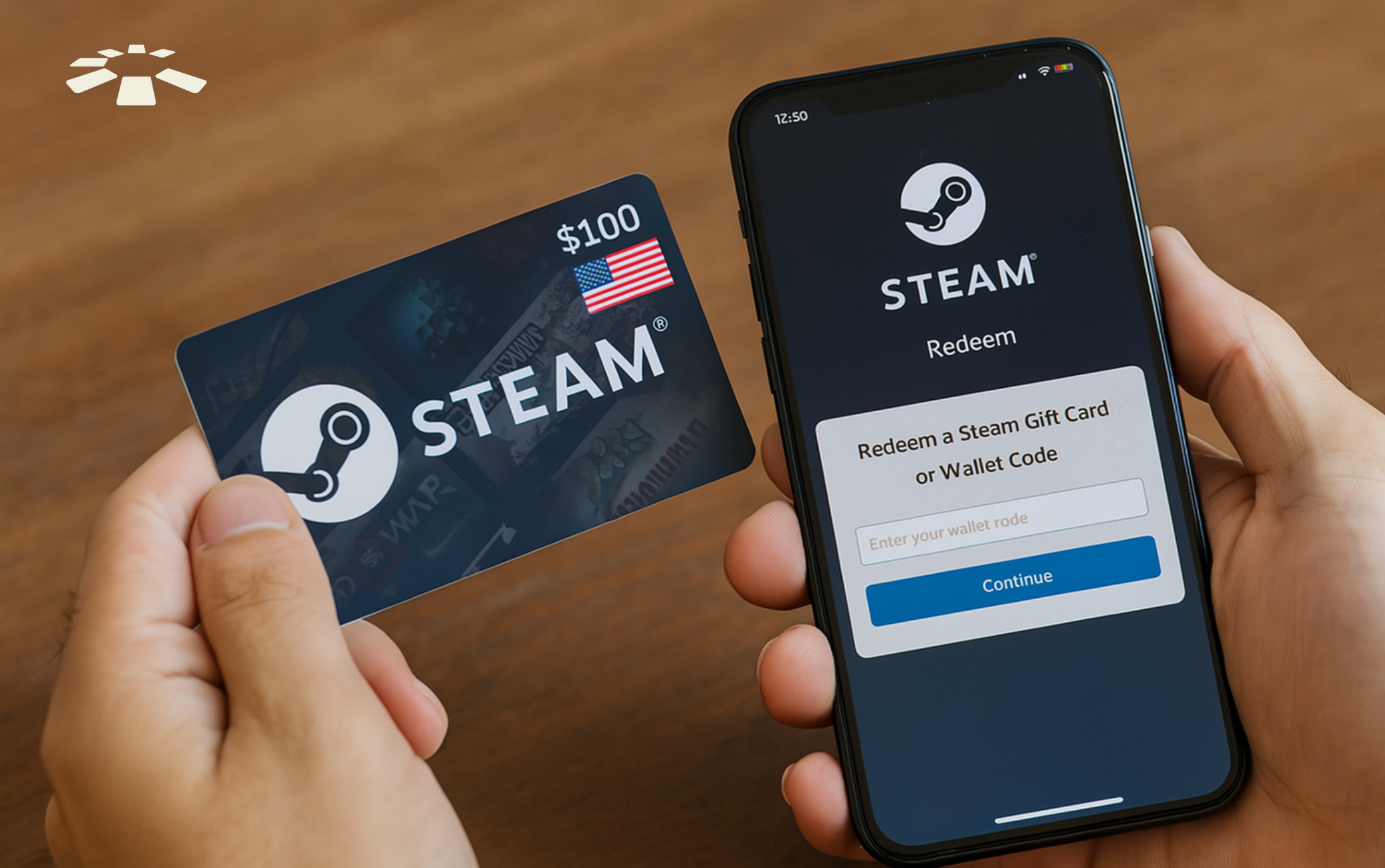 Person holding a US Steam gift card and a phone