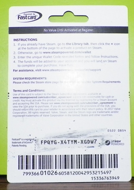 An Image of a USA Physical Steam Gift Card.