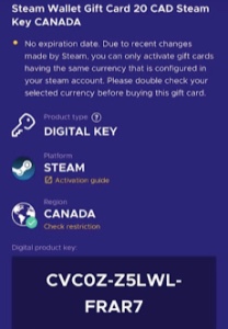 A Canadian Steam E-code Gift Card Picture. 