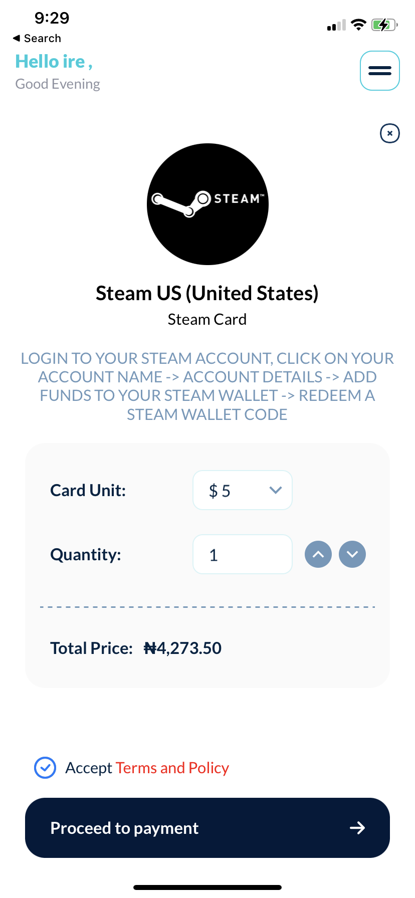 An image of the Cardtonic App when paying for steam gift card.