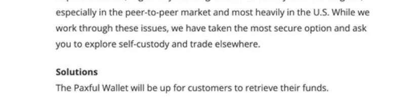 A section of the message from the CEO of Paxful regarding the suspension of its marketplace.