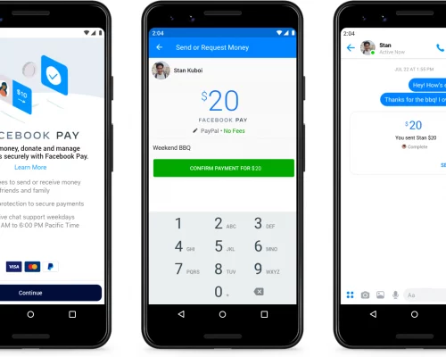 An image of the UI/UX of Facebook Pay.