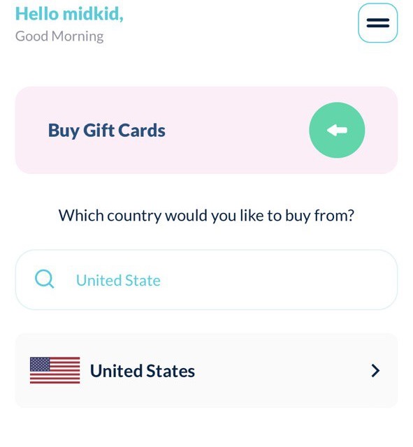 An image of the United States country option on the Cardtonic app.