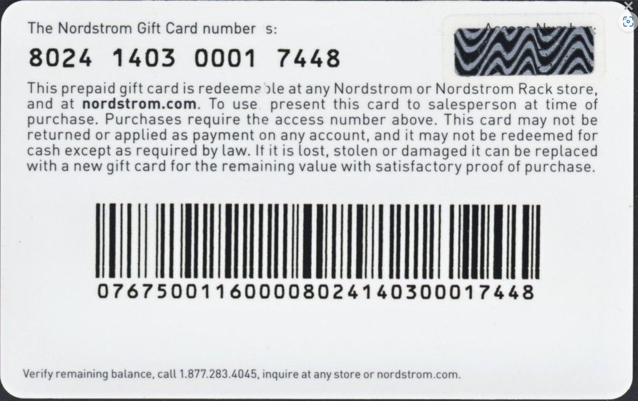 Back of the Nordstrom Gift card