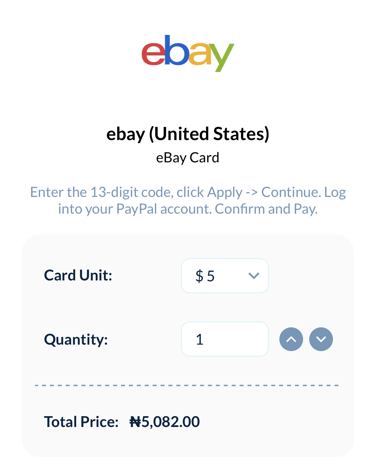 An image of the eBay gift card option on Cardtonic.