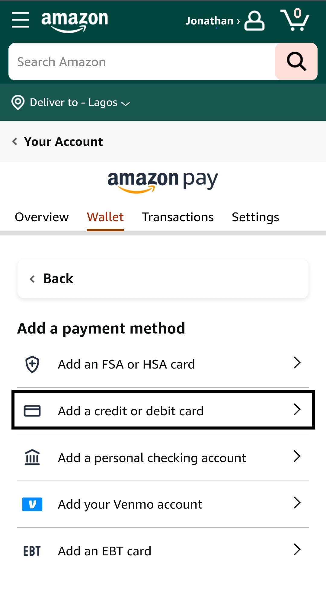 Add a visa gift card to amazon