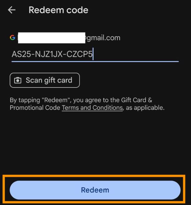 Redeem goggle play gift card step 5