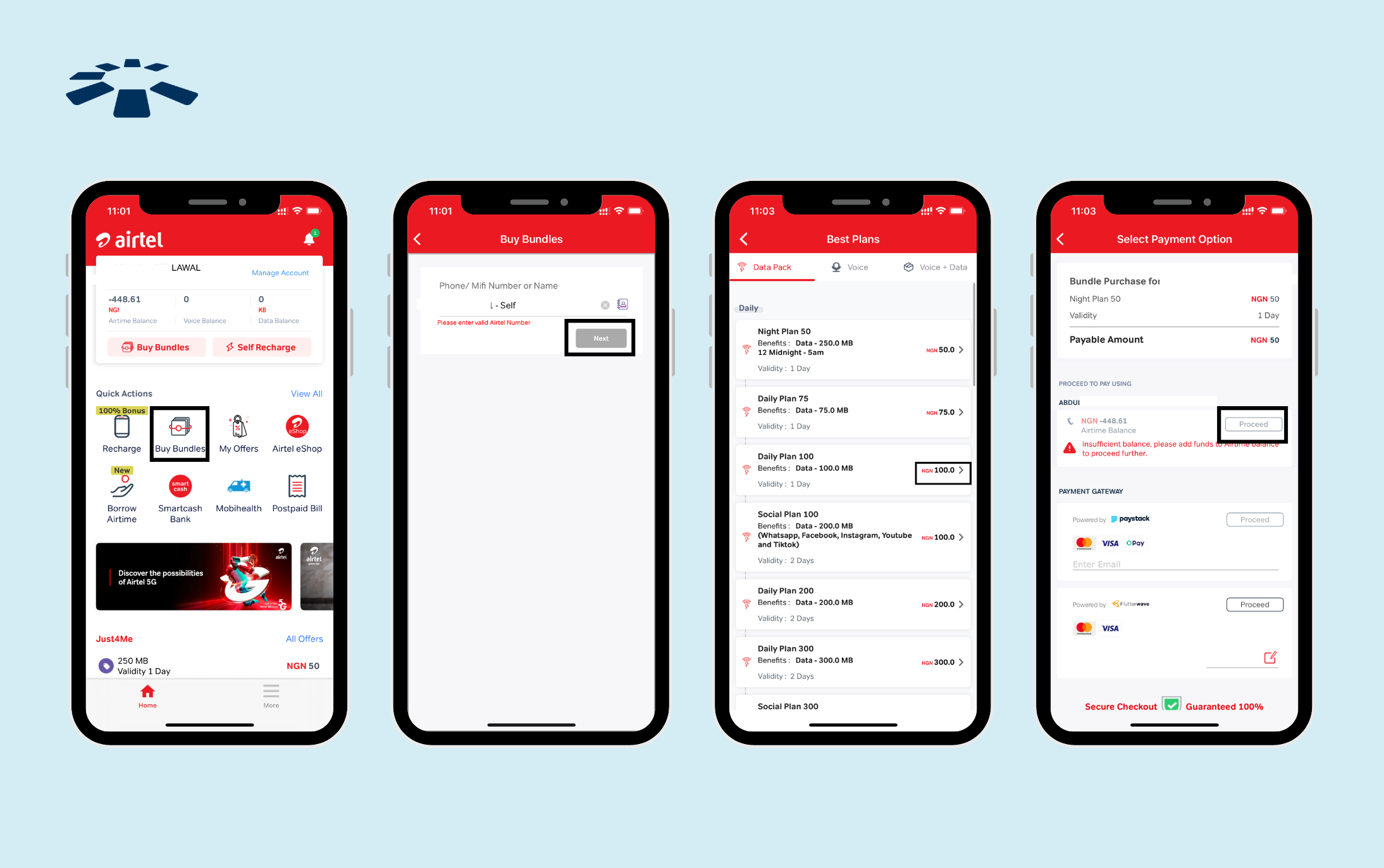 The "Buy Data" page on the Airtel app
