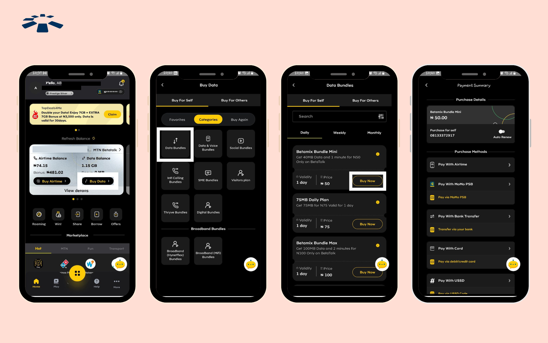The MTN dashboard showing the "Buy Data" option